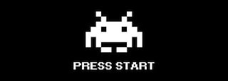 8-bit video game alien, white on black , and the words "press start"